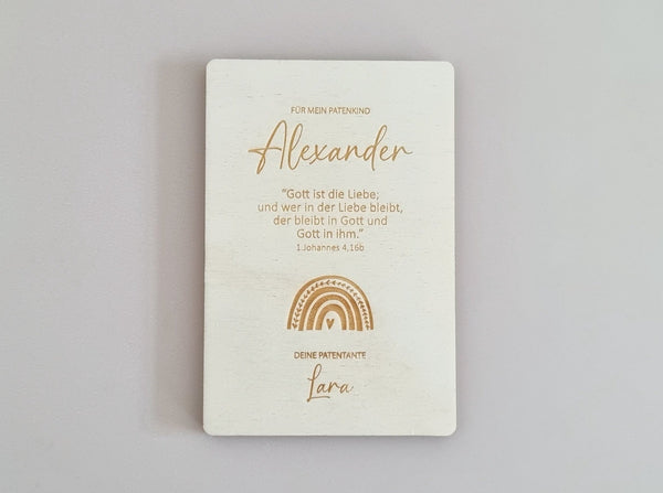 Personalisierte Holzkarte als Geschenk für das Patenkind zur Taufe